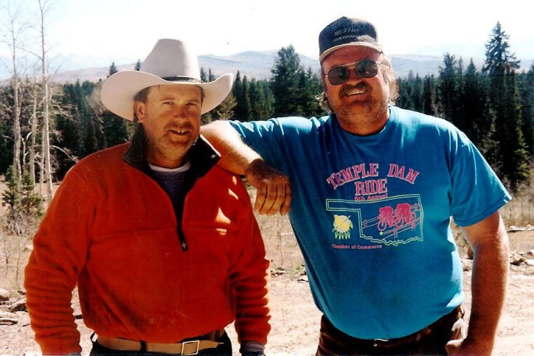 Elk hunting in 1999 near Telluride, Colorado with Gunner Henderson and brother Jim Henderson (right). In 2017, Jim Henderson passed away from ALS.