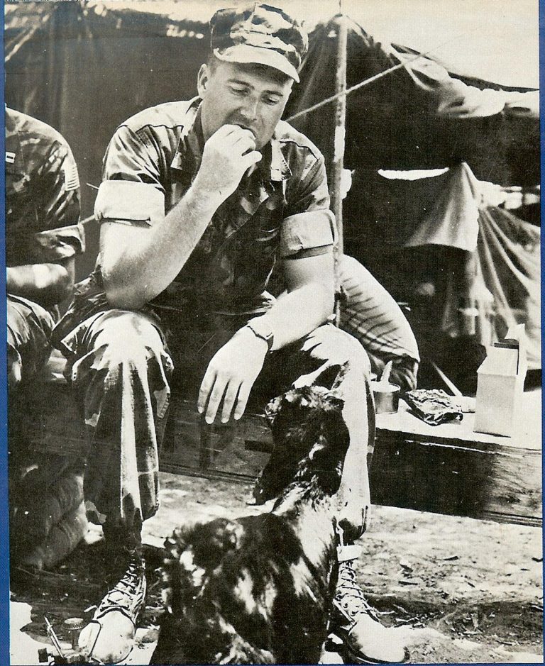 Chow Time—Gunner Henderson eating lunch with General Billy, 22nd Marine Amphibious Unit camp goat, Beirut 1983